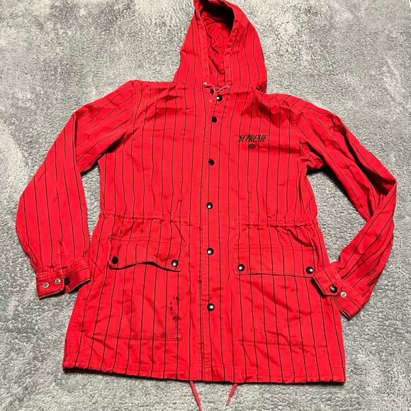 Supreme Twill Pinstripe Jacket Mens Medium Red Hooded Parka *** - Picture 1 of 9